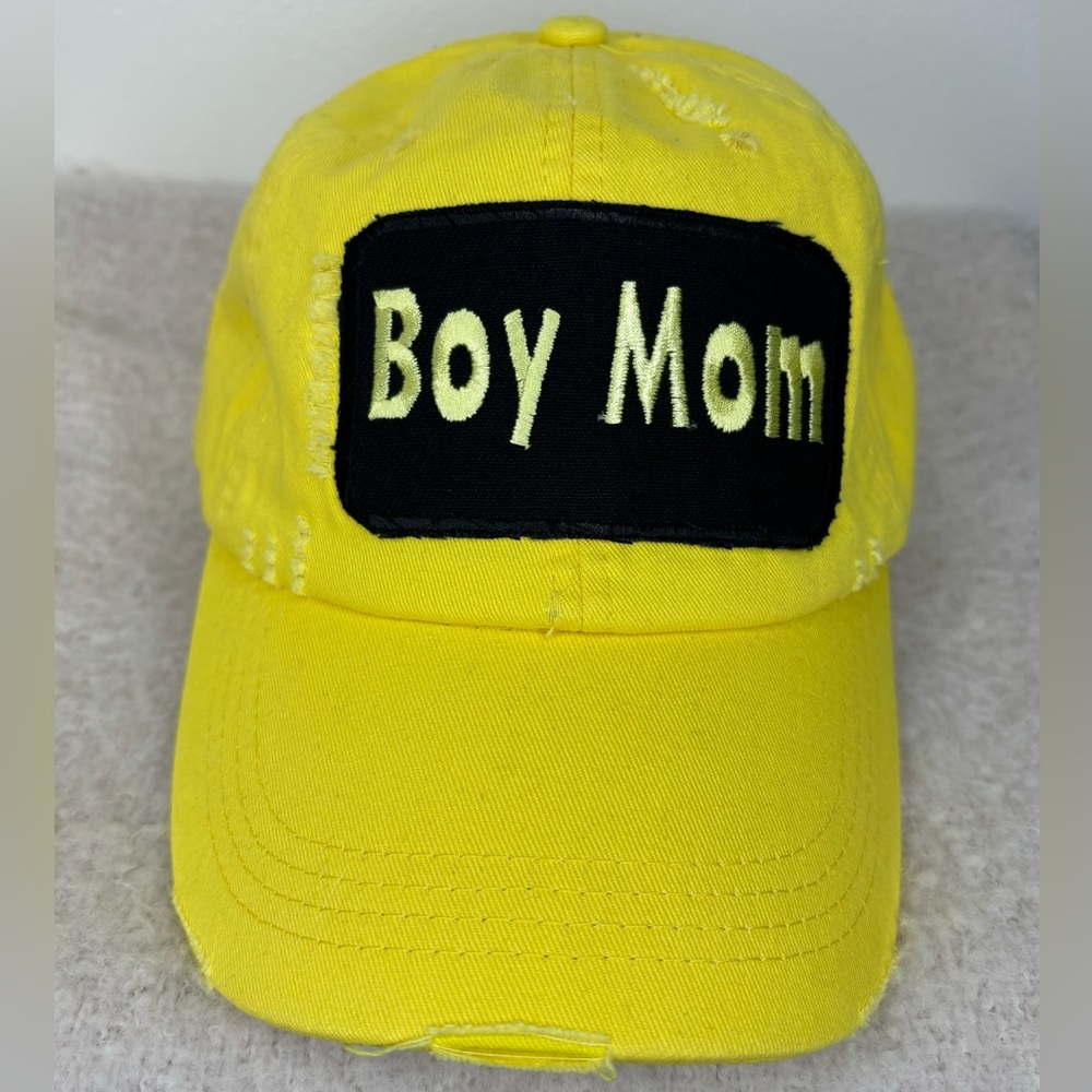 Boy Mom Dad Cap Yellow Distressed w/ Embroidered Patch Hand Crafted